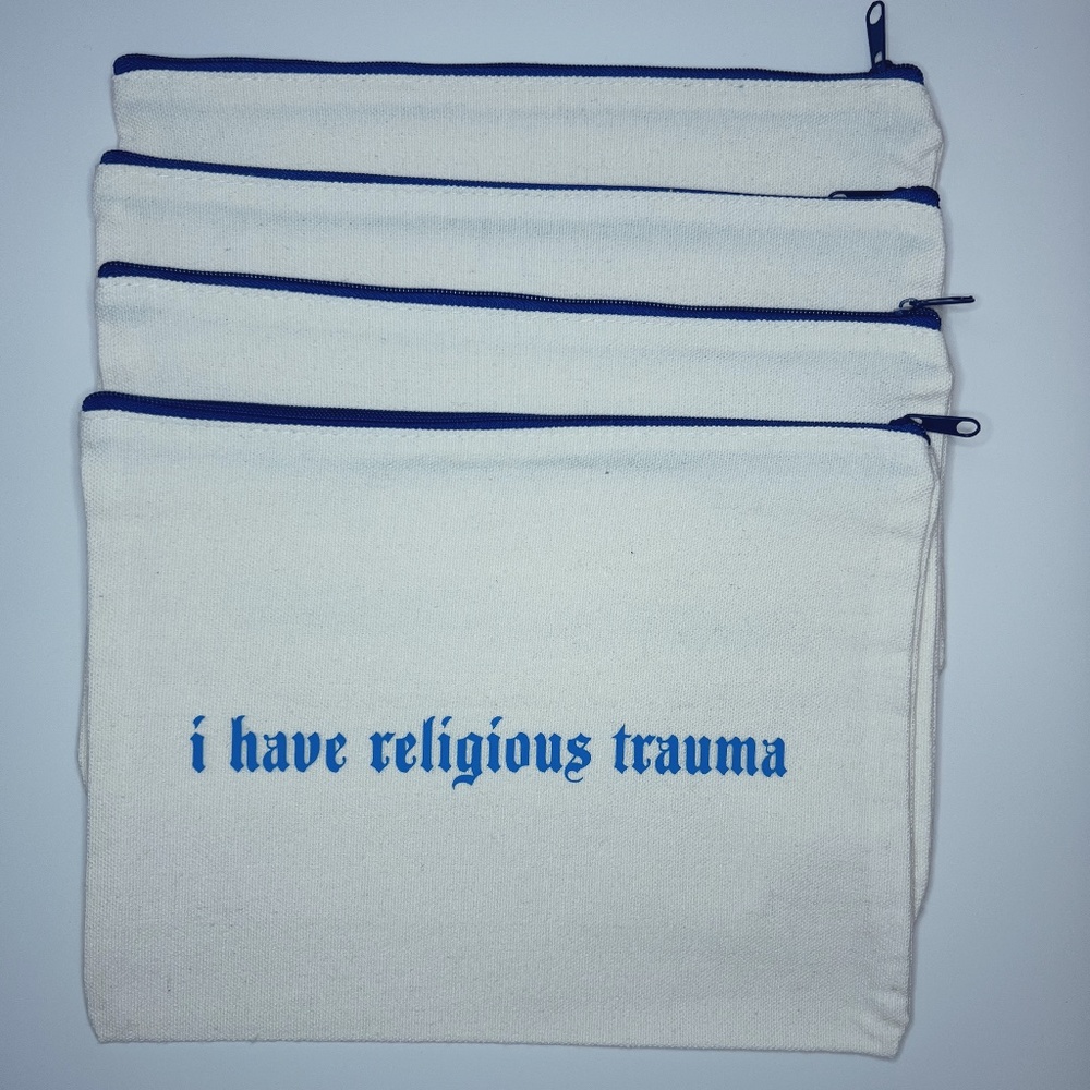 I have Religious Trauma logo on medium cosmetic, travel, multipurpose bag, 7x9